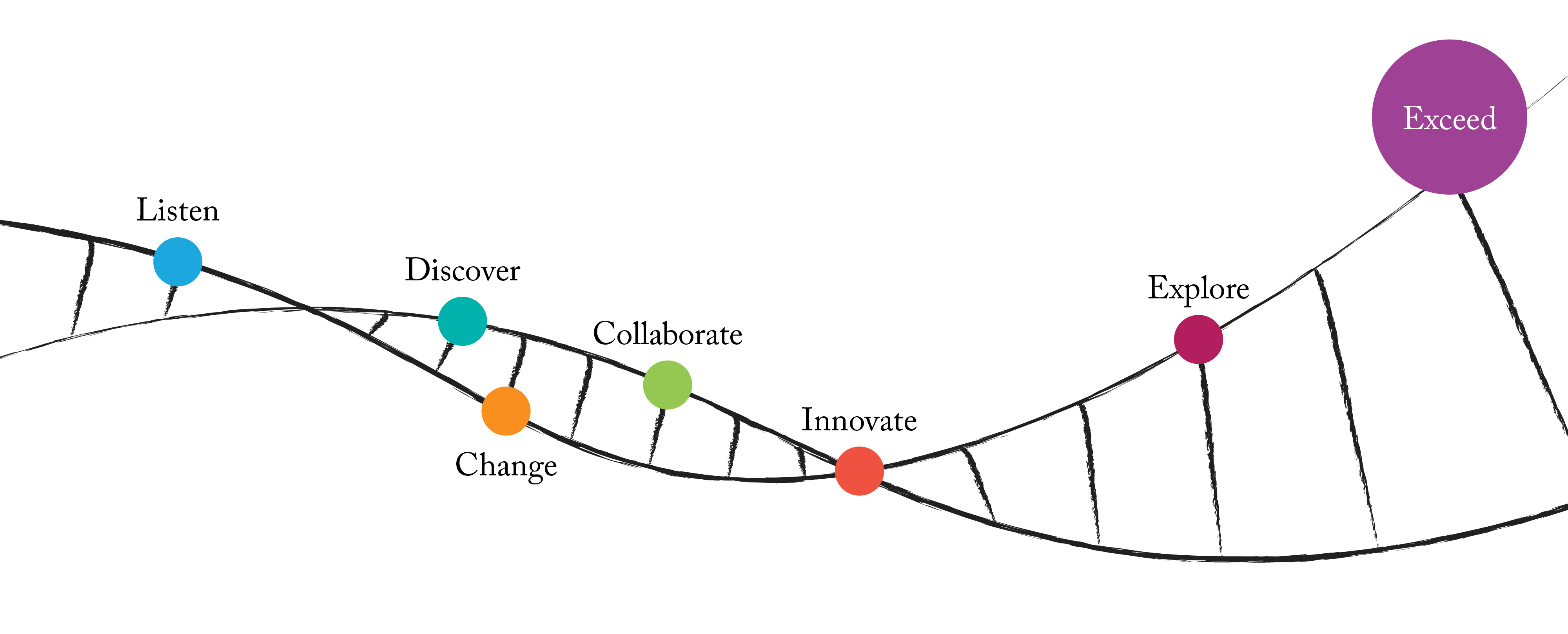 colorful circles with text at different points of a DNA-like structure. The circle labelled Exceed is selected